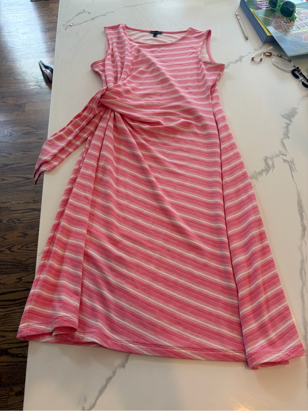 Talbots Pink and White Striped Sleeveless Knot-Detail Dress